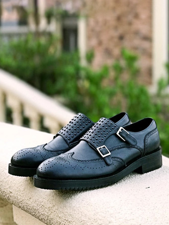 牛革バックル付きメンズモンクローファーシューズ