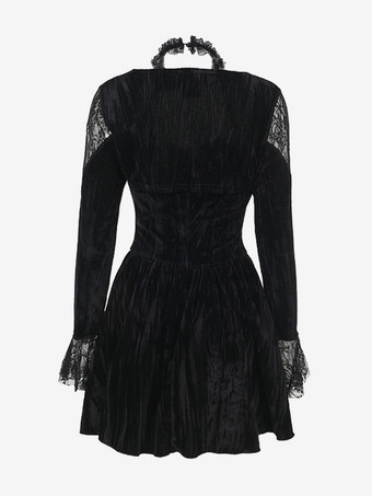 ハロウィン 女性用ゴシック服 ブラック フリル チェーン レース ゴシック ベロア チュニック レトロ コスチューム