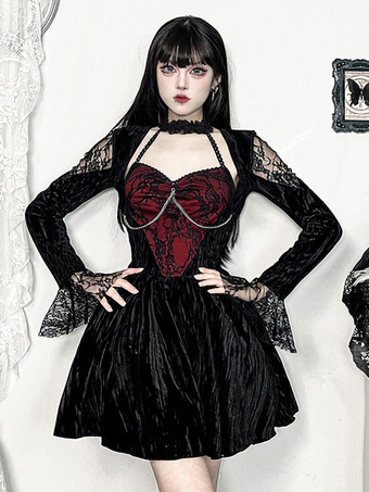 ブラック ハロウィン 女性用ゴシック服 ブラック フリル チェーン レース ゴシック ベロア チュニック レトロ コスチューム