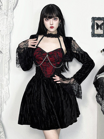 ハロウィン 女性用ゴシック服 ブラック フリル チェーン レース ゴシック ベロア チュニック レトロ コスチューム