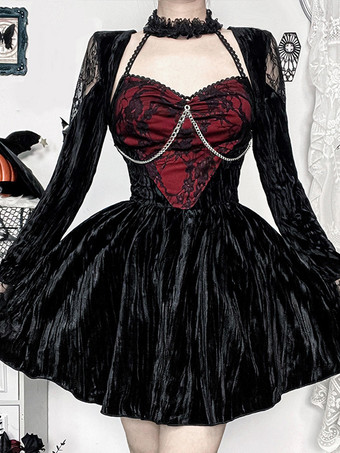 ハロウィン 女性用ゴシック服 ブラック フリル チェーン レース ゴシック ベロア チュニック レトロ コスチューム