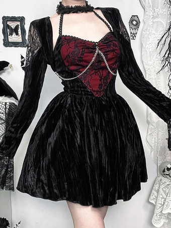 ハロウィン 女性用ゴシック服 ブラック フリル チェーン レース ゴシック ベロア チュニック レトロ コスチューム