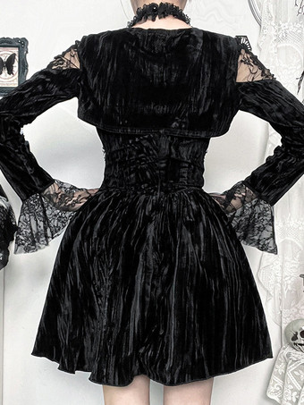 ハロウィン 女性用ゴシック服 ブラック フリル チェーン レース ゴシック ベロア チュニック レトロ コスチューム