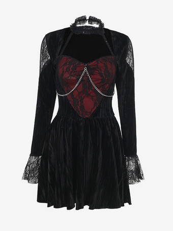 ハロウィン 女性用ゴシック服 ブラック フリル チェーン レース ゴシック ベロア チュニック レトロ コスチューム