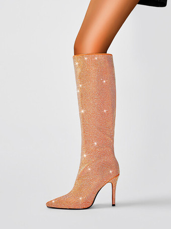 ゴールド レディースニーハイブーツ ラインストーン ハイヒール パーティーブーツ