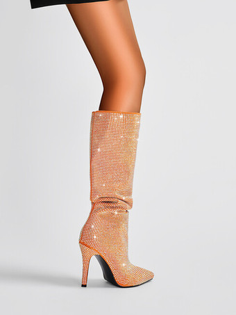 レディースニーハイブーツ ラインストーン ハイヒール パーティーブーツ