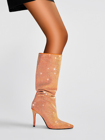 レディースニーハイブーツ ラインストーン ハイヒール パーティーブーツ