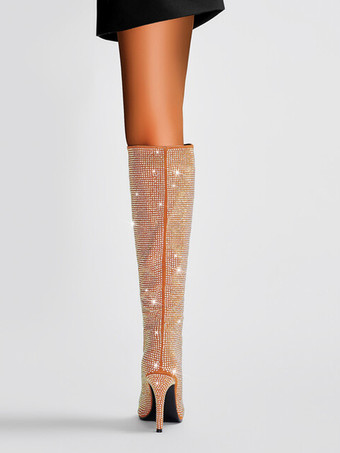 レディースニーハイブーツ ラインストーン ハイヒール パーティーブーツ