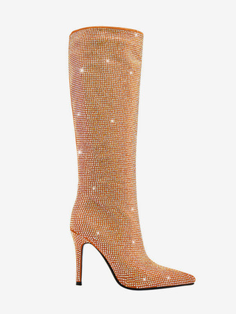 レディースニーハイブーツ ラインストーン ハイヒール パーティーブーツ