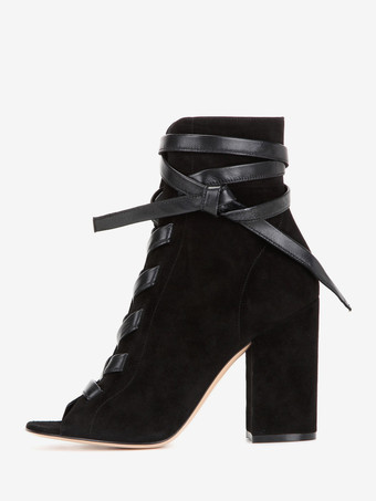 ブラック レディース アンクルブーツ スエード ブラック オープントゥ チャンキーヒール レースアップ ブーティ