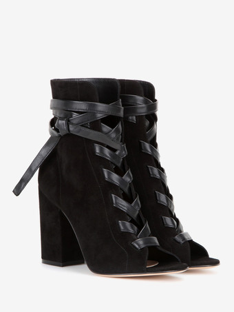 レディース アンクルブーツ スエード ブラック オープントゥ チャンキーヒール レースアップ ブーティ