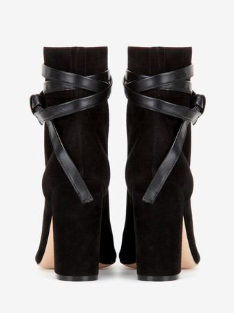 レディース アンクルブーツ スエード ブラック オープントゥ チャンキーヒール レースアップ ブーティ