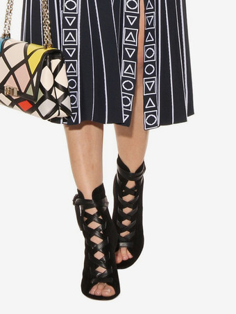 レディース アンクルブーツ スエード ブラック オープントゥ チャンキーヒール レースアップ ブーティ