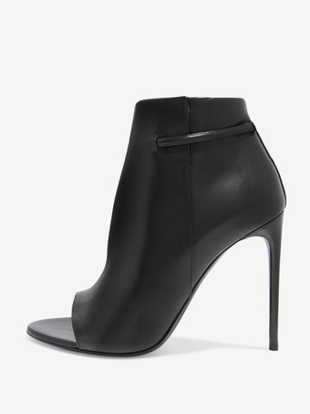 PUブラックハイヒール アンクルブーツ オープントゥ スティレットヒール ブーティ