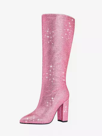 Glitterati Pink Boots High Heels Pink Knee Boots Glitter