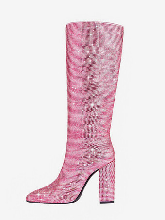 ピンクのニーブーツ グリッターラインストーン ポインテッドトゥ チャンキーヒール パーティーブーツ