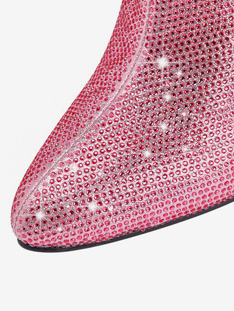 ピンクのニーブーツ グリッターラインストーン ポインテッドトゥ チャンキーヒール パーティーブーツ