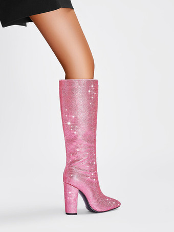ピンクのニーブーツ グリッターラインストーン ポインテッドトゥ チャンキーヒール パーティーブーツ