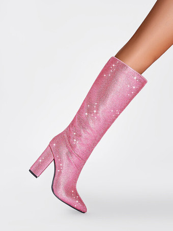 ピンクのニーブーツ グリッターラインストーン ポインテッドトゥ チャンキーヒール パーティーブーツ
