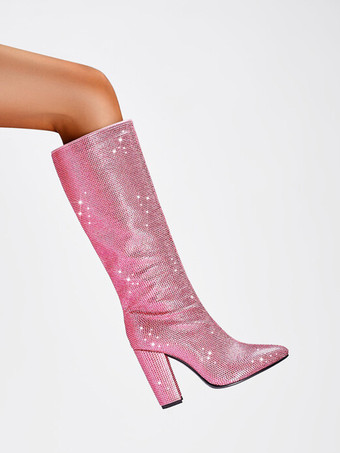ピンクのニーブーツ グリッターラインストーン ポインテッドトゥ チャンキーヒール パーティーブーツ