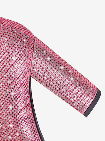 ピンクのニーブーツ グリッターラインストーン ポインテッドトゥ チャンキーヒール パーティーブーツ