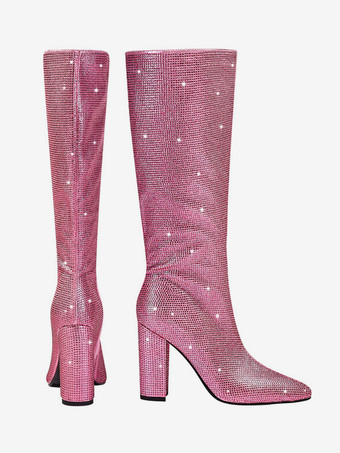 ピンクのニーブーツ グリッターラインストーン ポインテッドトゥ チャンキーヒール パーティーブーツ