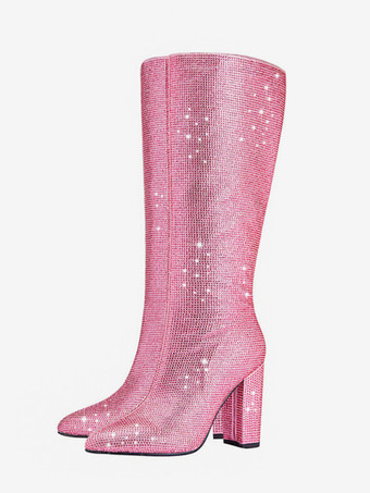 ピンクピンクのニーブーツ グリッターラインストーン ポインテッドトゥ チャンキーヒール パーティーブーツ