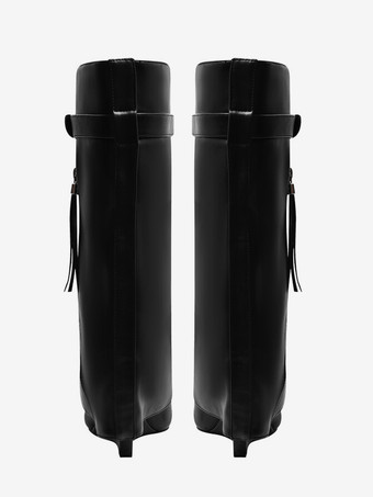 レッドニーハイブーツ レディース ポインテッドトゥ フォールドオーバー ジップアップ ウェッジヒールブーツ