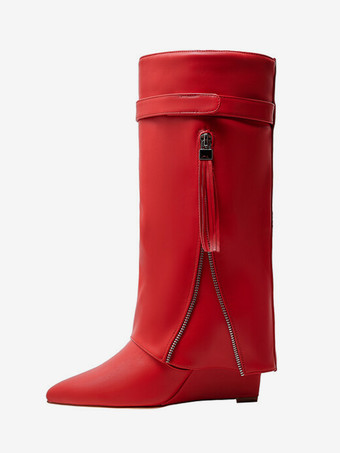 レッドニーハイブーツ レディース ポインテッドトゥ フォールドオーバー ジップアップ ウェッジヒールブーツ