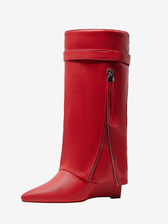 レッドニーハイブーツ レディース ポインテッドトゥ フォールドオーバー ジップアップ ウェッジヒールブーツ