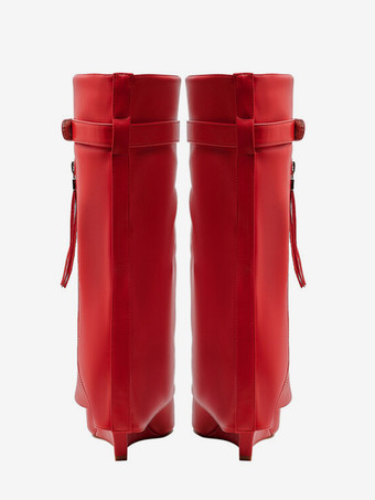 レッドニーハイブーツ レディース ポインテッドトゥ フォールドオーバー ジップアップ ウェッジヒールブーツ