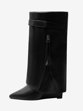 レッドニーハイブーツ レディース ポインテッドトゥ フォールドオーバー ジップアップ ウェッジヒールブーツ