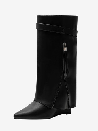 レッドニーハイブーツ レディース ポインテッドトゥ フォールドオーバー ジップアップ ウェッジヒールブーツ