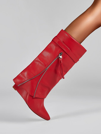 レッドニーハイブーツ レディース ポインテッドトゥ フォールドオーバー ジップアップ ウェッジヒールブーツ