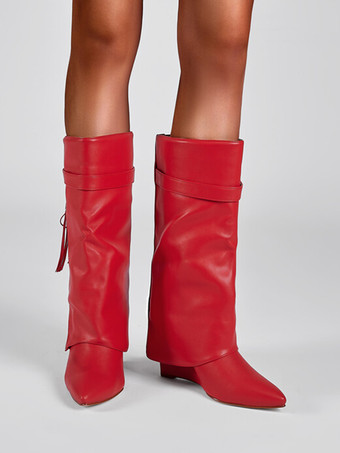 レッドニーハイブーツ レディース ポインテッドトゥ フォールドオーバー ジップアップ ウェッジヒールブーツ