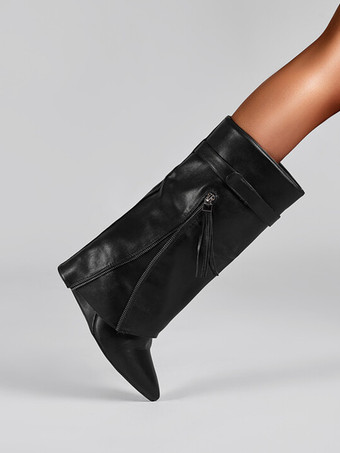 レッドニーハイブーツ レディース ポインテッドトゥ フォールドオーバー ジップアップ ウェッジヒールブーツ