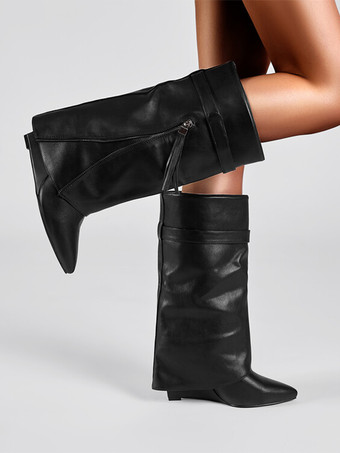 レッドニーハイブーツ レディース ポインテッドトゥ フォールドオーバー ジップアップ ウェッジヒールブーツ