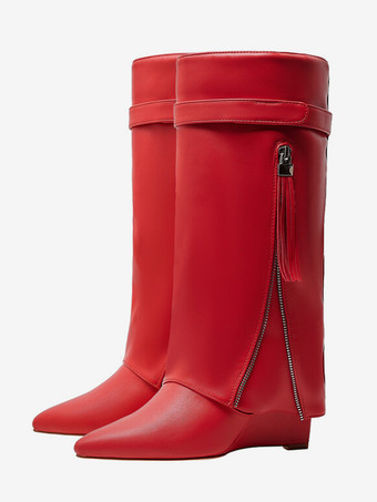 レッド レッドニーハイブーツ レディース ポインテッドトゥ フォールドオーバー ジップアップ ウェッジヒールブーツ