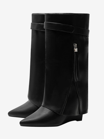 ブラック レッドニーハイブーツ レディース ポインテッドトゥ フォールドオーバー ジップアップ ウェッジヒールブーツ