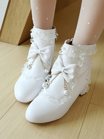 ホワイト ロココ風ロリータブーツ ホワイトリボン フリル パール ラウンドトゥ PUレザー ロリータ フットウェア