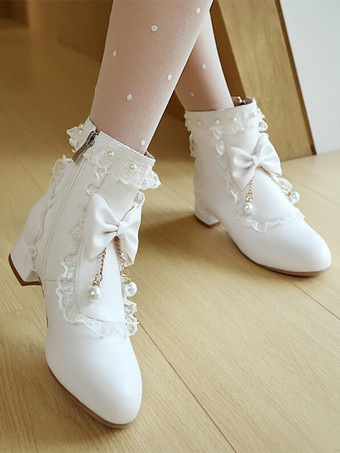 ロココ風ロリータブーツ ホワイトリボン フリル パール ラウンドトゥ PUレザー ロリータ フットウェア