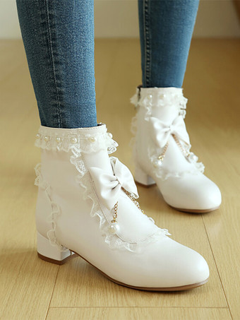 ロココ風ロリータブーツ ホワイトリボン フリル パール ラウンドトゥ PUレザー ロリータ フットウェア