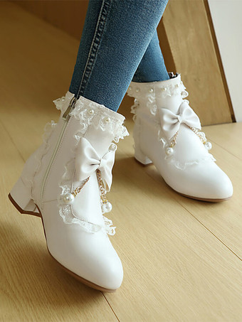 ロココ風ロリータブーツ ホワイトリボン フリル パール ラウンドトゥ PUレザー ロリータ フットウェア