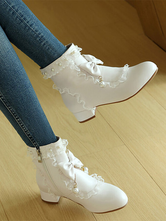 ロココ風ロリータブーツ ホワイトリボン フリル パール ラウンドトゥ PUレザー ロリータ フットウェア