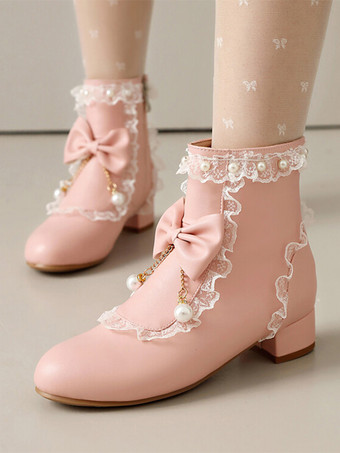 ピンクロココ風ロリータブーツ ホワイトリボン フリル パール ラウンドトゥ PUレザー ロリータ フットウェア