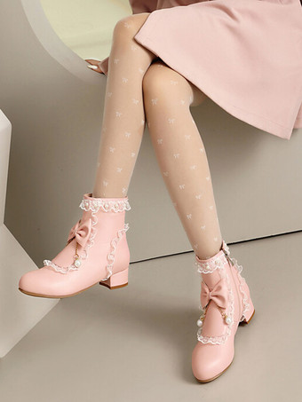 ロココ風ロリータブーツ ホワイトリボン フリル パール ラウンドトゥ PUレザー ロリータ フットウェア