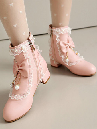 ロココ風ロリータブーツ ホワイトリボン フリル パール ラウンドトゥ PUレザー ロリータ フットウェア