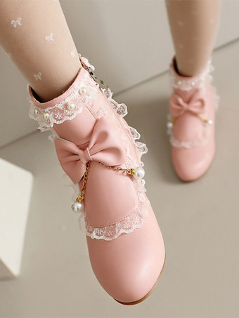 ロココ風ロリータブーツ ホワイトリボン フリル パール ラウンドトゥ PUレザー ロリータ フットウェア