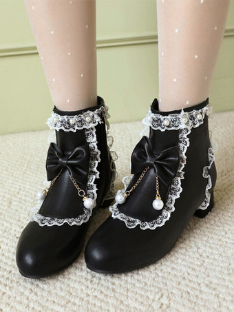 ブラック ロココ風ロリータブーツ ホワイトリボン フリル パール ラウンドトゥ PUレザー ロリータ フットウェア