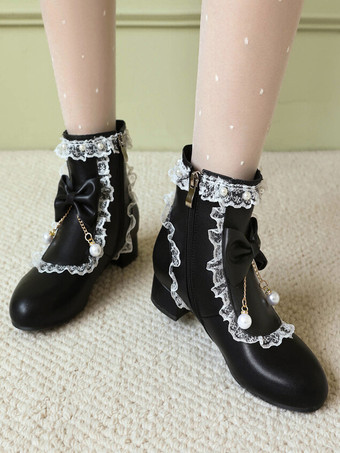 ロココ風ロリータブーツ ホワイトリボン フリル パール ラウンドトゥ PUレザー ロリータ フットウェア